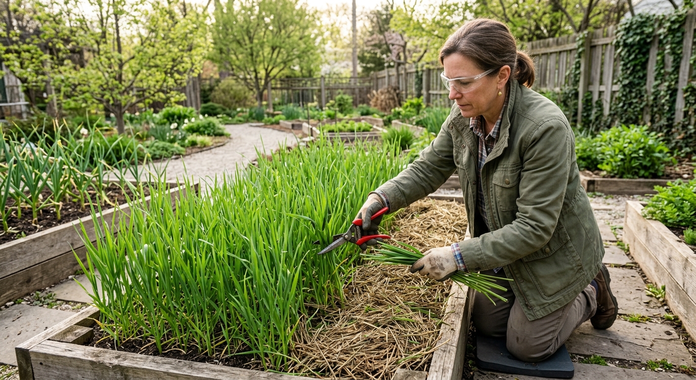 A gardener cuts a winter rye cover crop in a small vegetable bed, leaving the chopped stems as an even mulch.