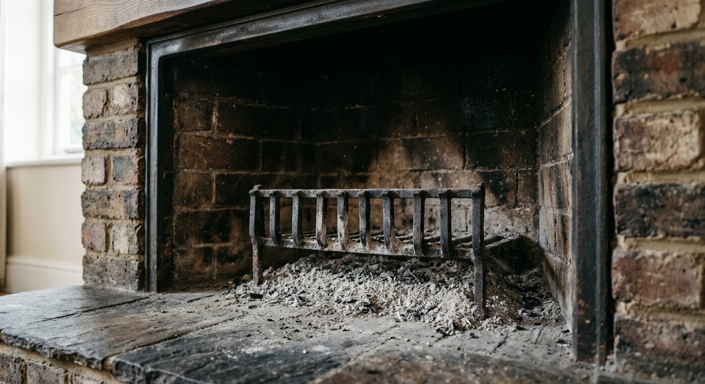 A cold wood-burning fireplace sits unused with a shallow gray ash bed before seasonal cleaning.
