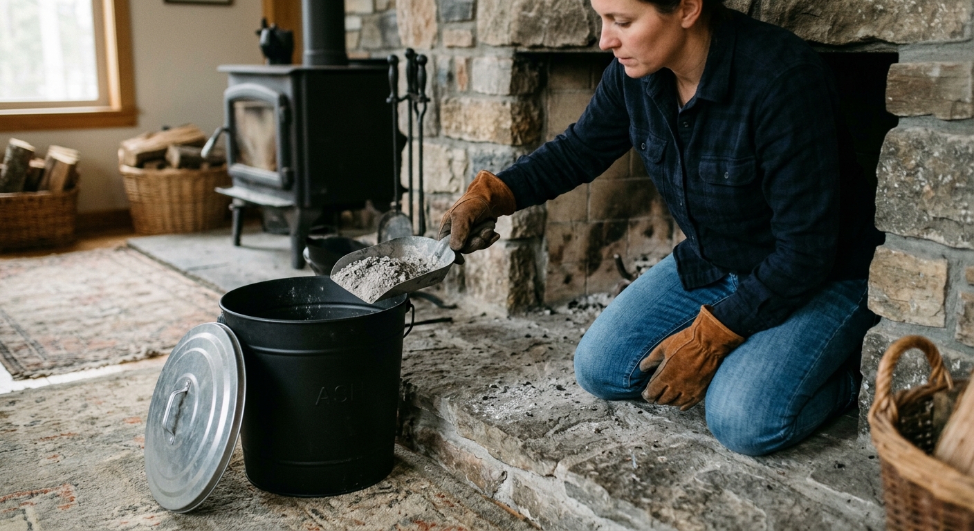 A homeowner uses a small metal ash shovel to move fully cold ash into a closed-lid metal ash bucket beside the hearth.