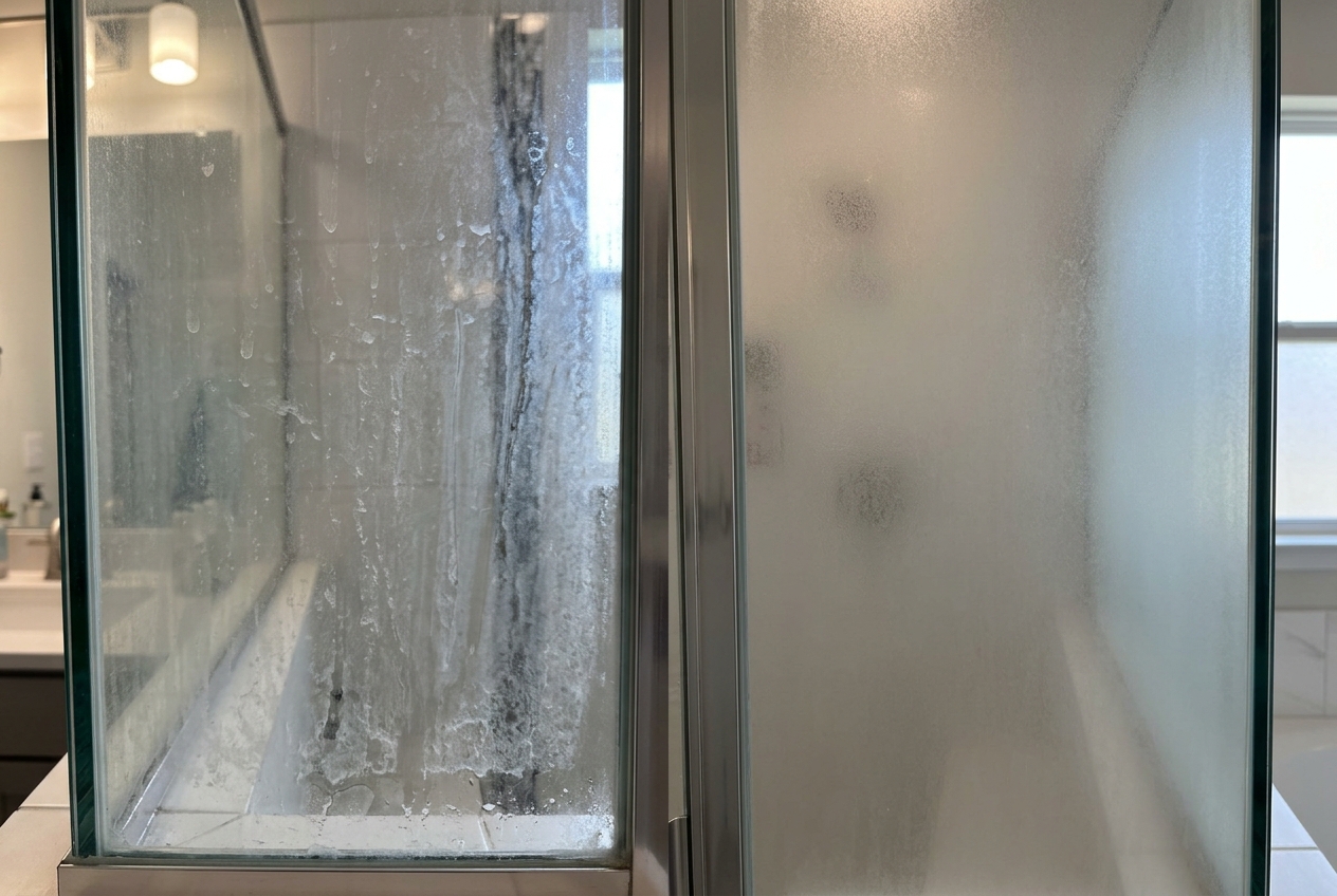 Diagnostic comparison: hard-water mineral deposits versus permanent glass etching on a shower door