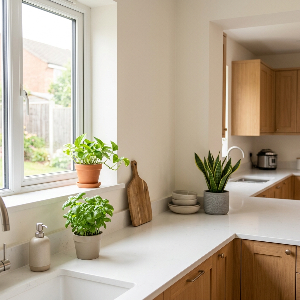 Infographic showing 5-6 best kitchen plants with their light, water, and humidity needs in easy-to-read icons