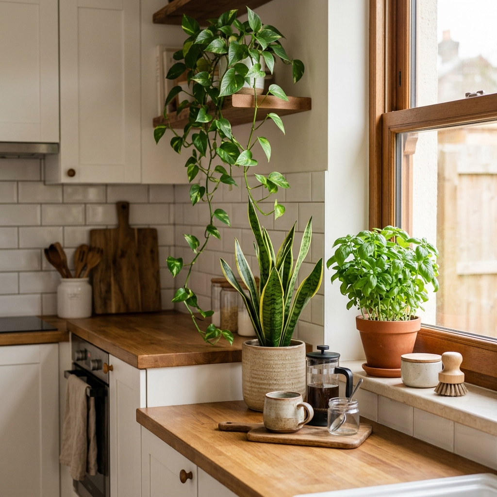 Before and after kitchen space planning - showing optimal plant placement near sink, window, and away from appliances