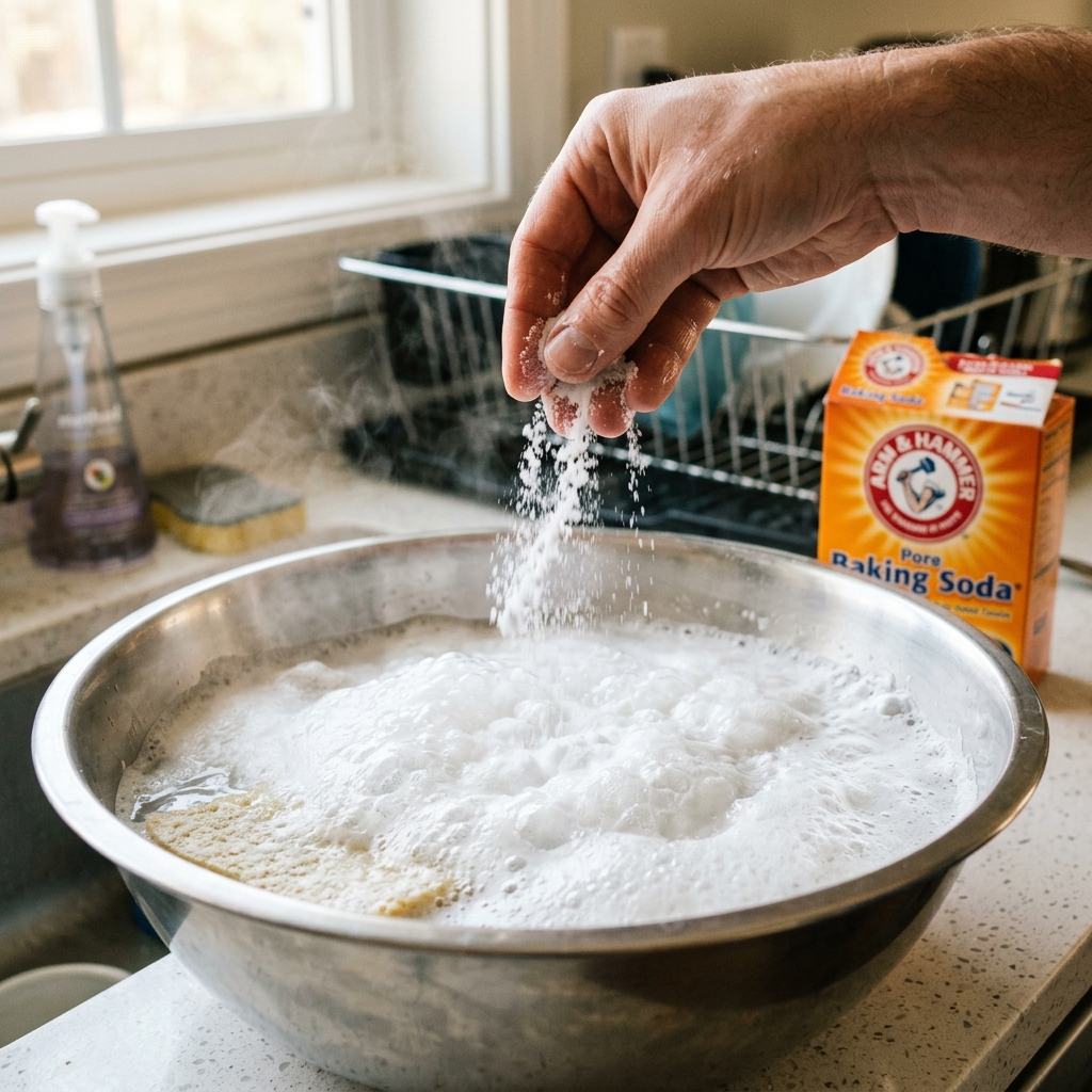 Baking soda reacting with hot water and dish soap in a sink.