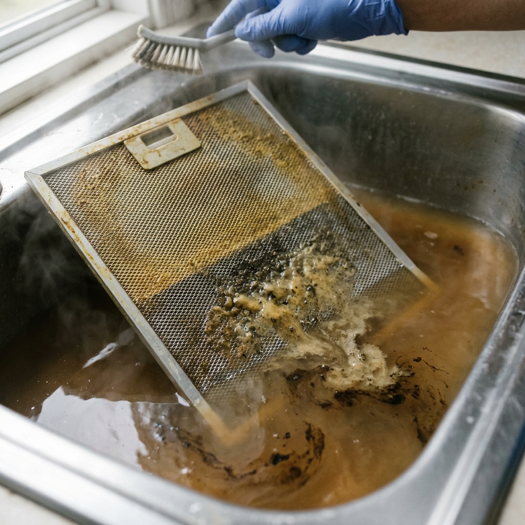 Grease lifting off a range hood filter in a hot water soak.