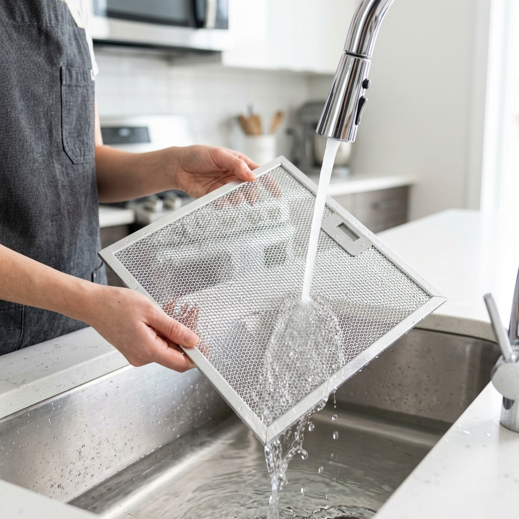 Rinsing a clean metal range hood filter under hot water.