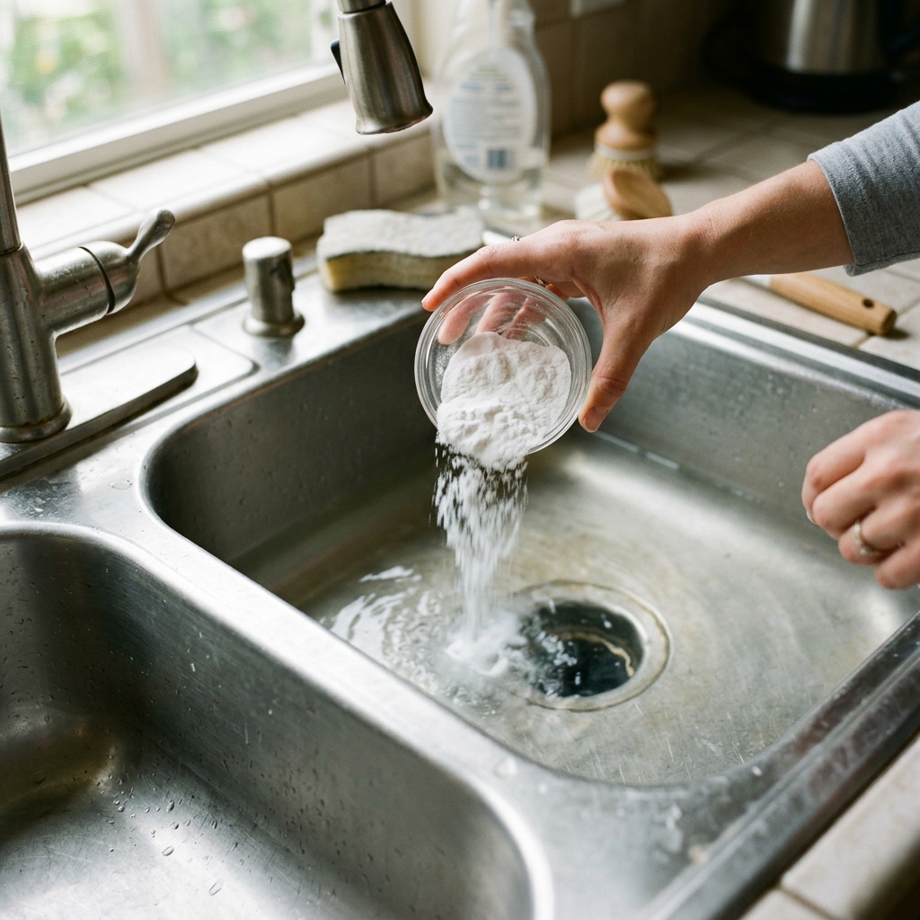 Half-full kitchen sink with baking soda being poured into warm water before a garbage disposal flush