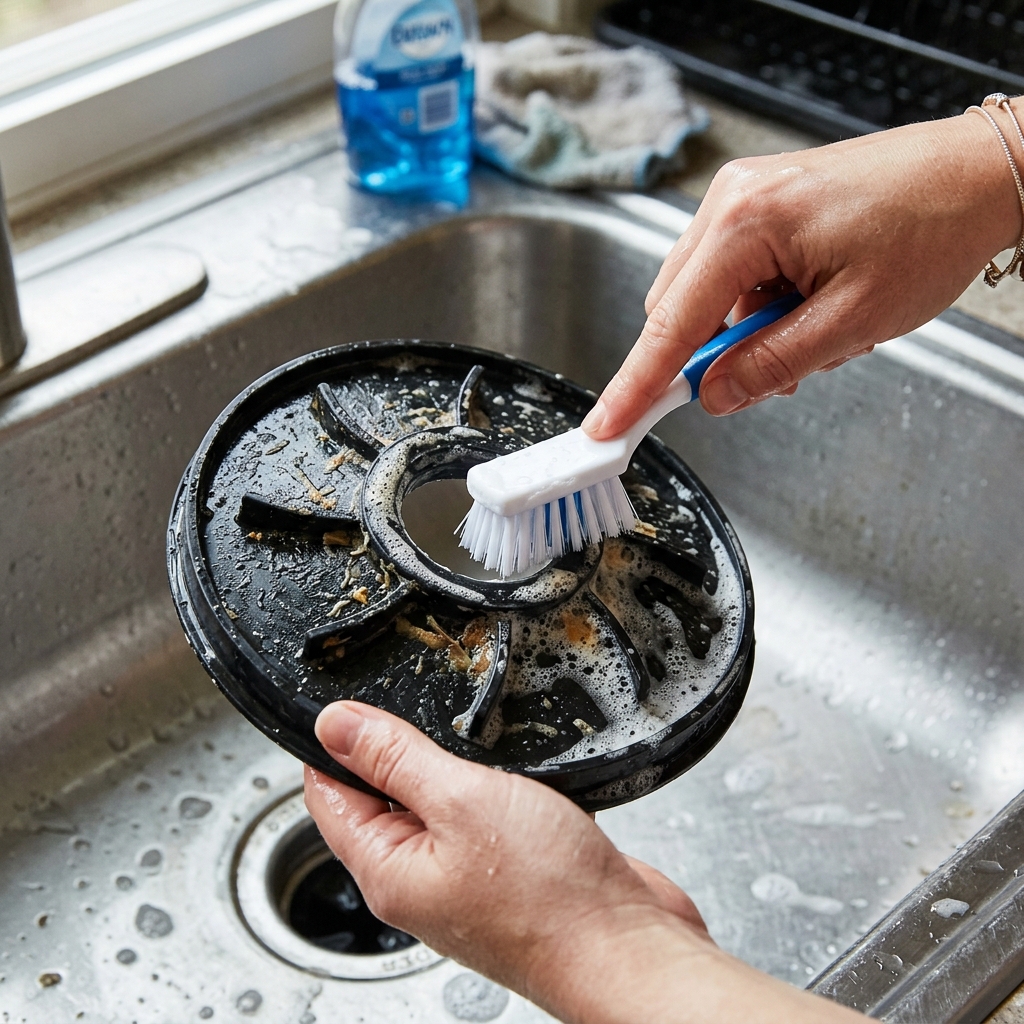 Close-up of a removable rubber garbage disposal splash guard being scrubbed with dish soap and a small brush at the sink