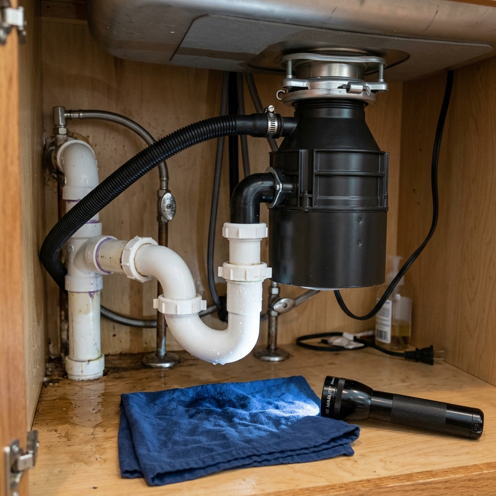 Under-sink view of a garbage disposal and drain connections during a leak-check, with a dry cloth and flashlight nearby