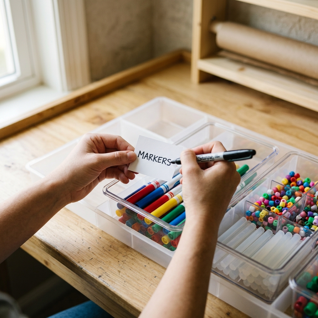 Sorting and categorizing craft supplies by type (markers, scissors, paper, glue, etc.)