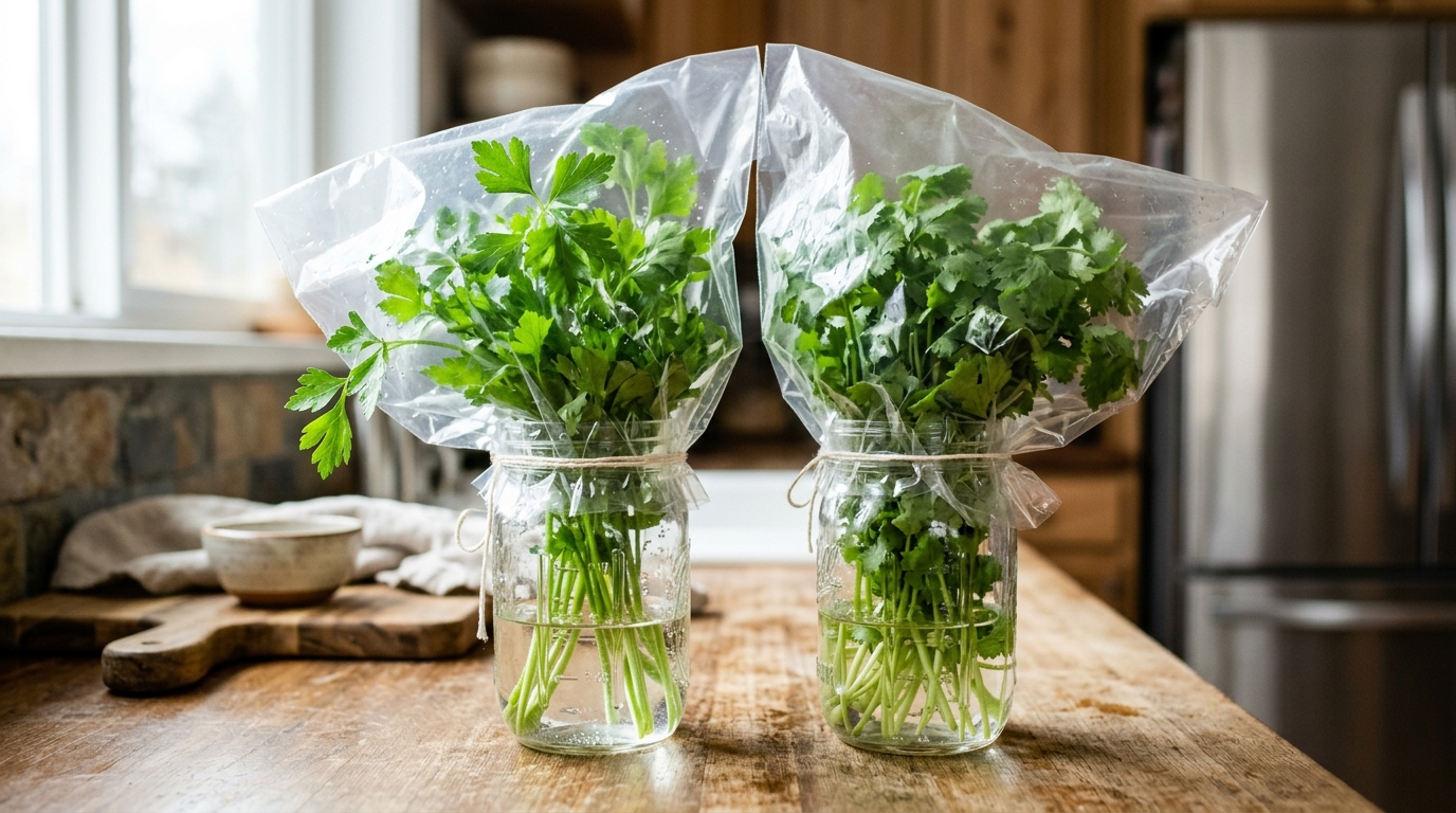 Fresh herbs standing in jars of water with loose covers