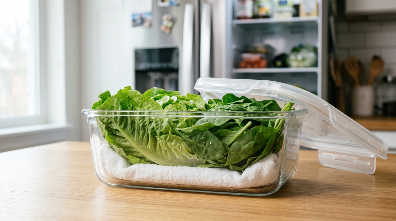 Leafy greens stored with a dry towel in a vented clear container