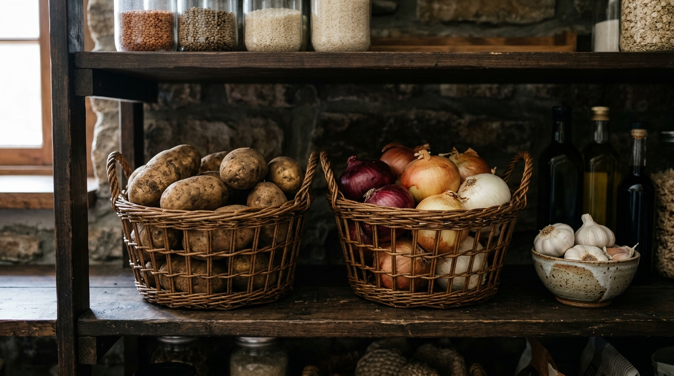 Potatoes and onions stored separately in ventilated pantry baskets