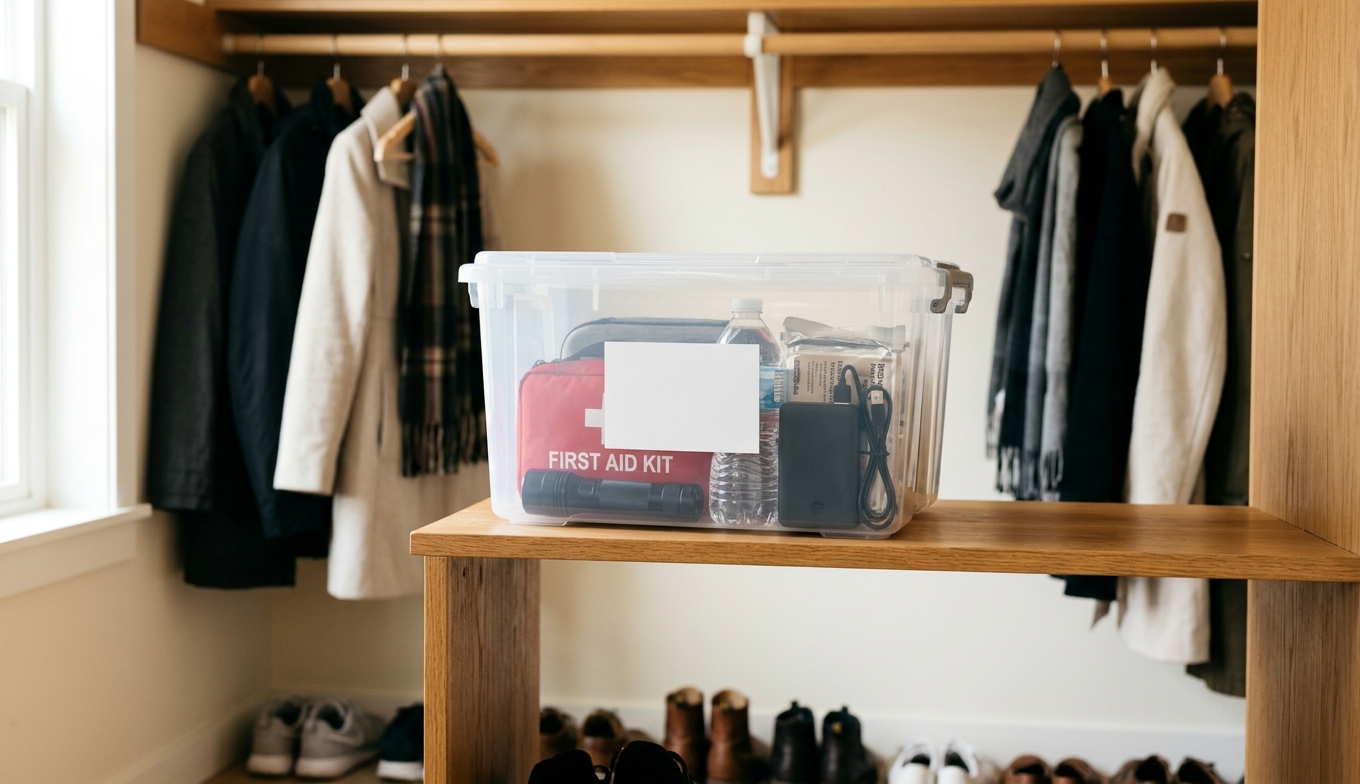 Home emergency kit stored on an easy to reach closet shelf