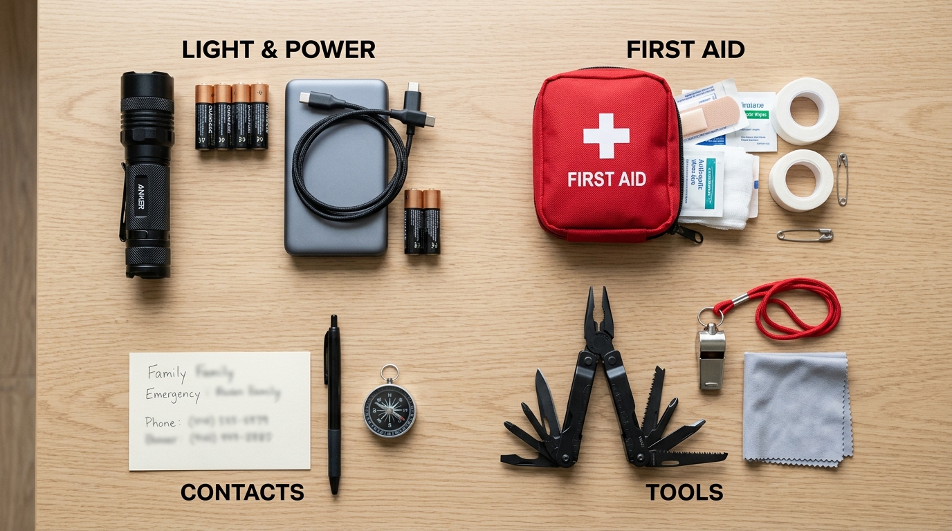 First hour emergency kit supplies grouped by light power first aid contacts and basic tools