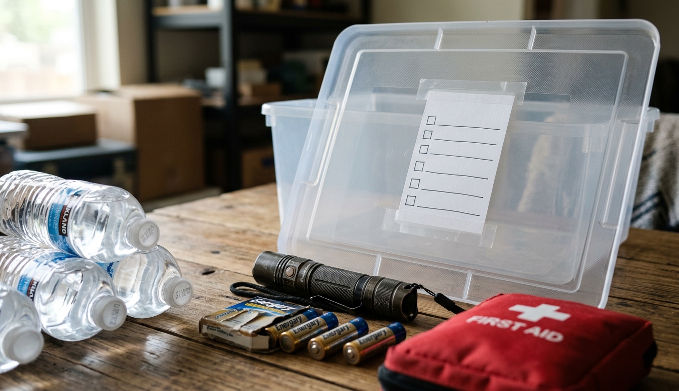 Home emergency kit maintenance checklist card inside storage bin lid