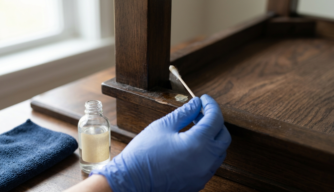 Testing adhesive remover on a hidden spot before cleaning the visible area
