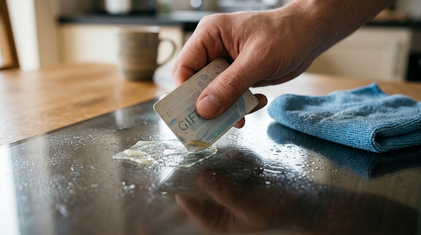 Plastic card lifting softened sticker residue from a smooth surface