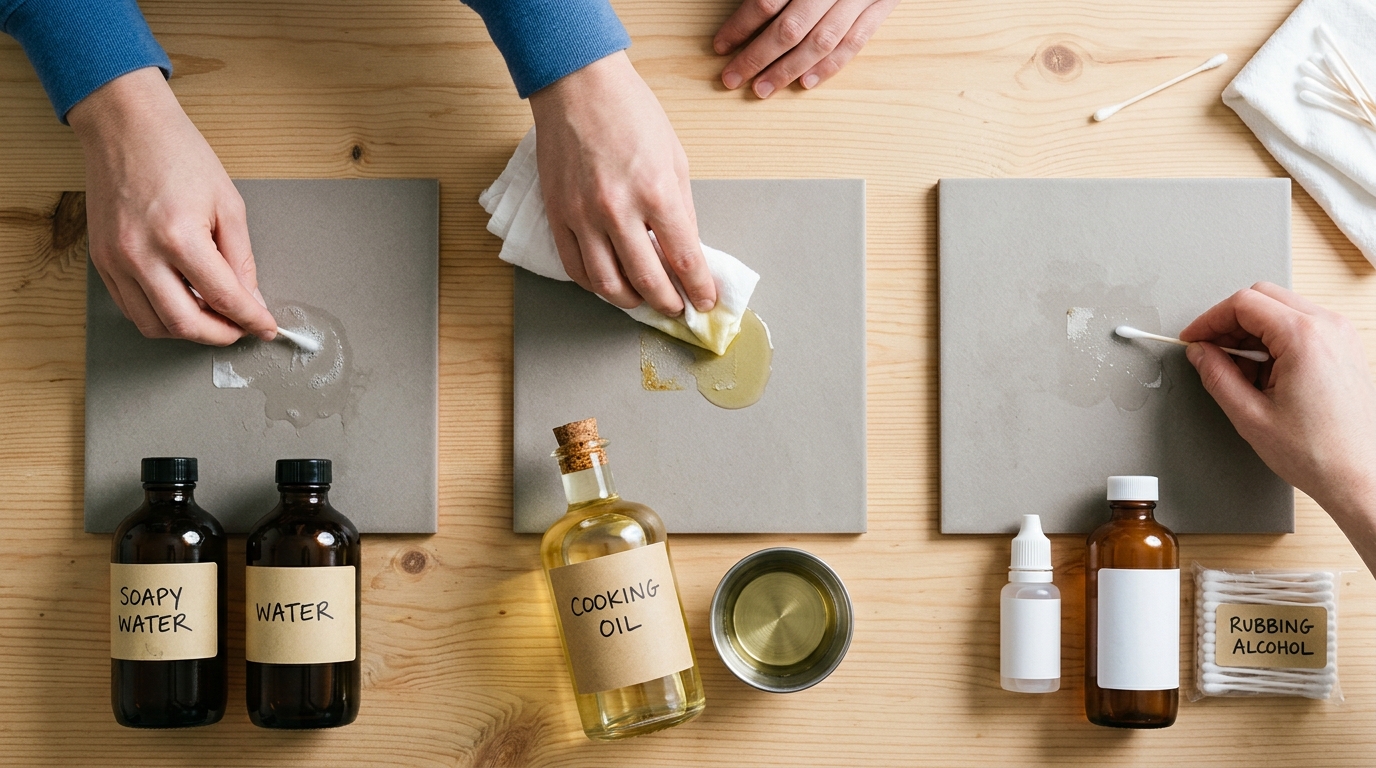 Comparing soapy water oil and alcohol on small sticky residue test spots