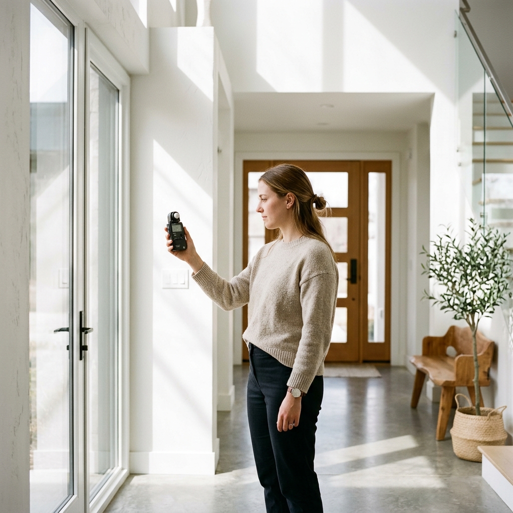 A person assessing lighting in a bright entryway foyer