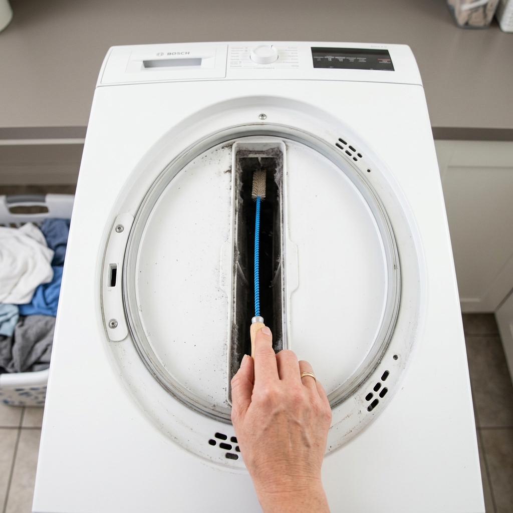 Cleaning the dryer lint filter housing with a brush