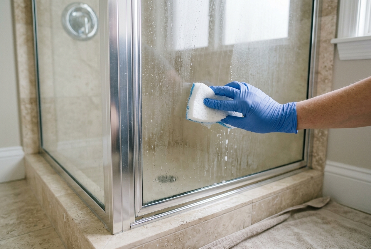 Cleaning a glass shower door with a non-scratch pad and acid-based cleaner using gentle circular motions