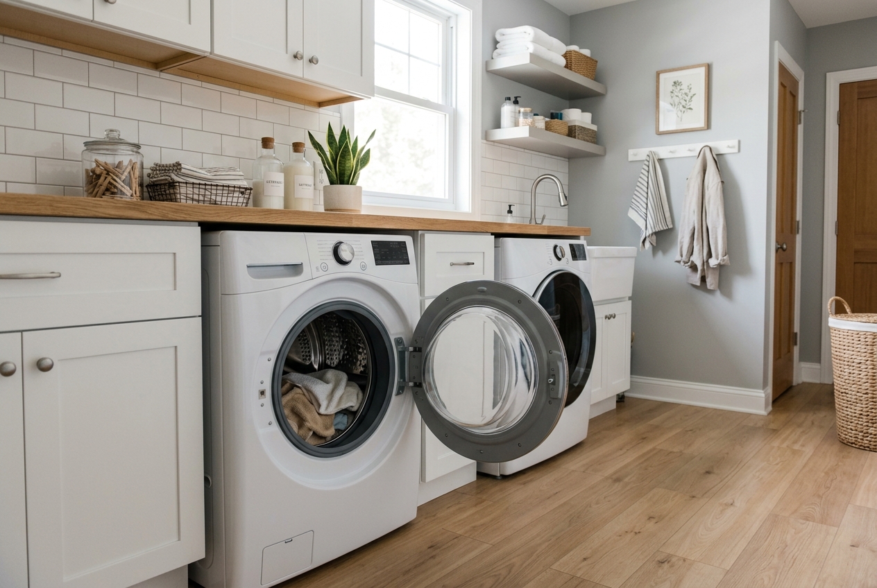 Laundry room with a front-load washer door left slightly open to improve airflow and help the gasket dry.