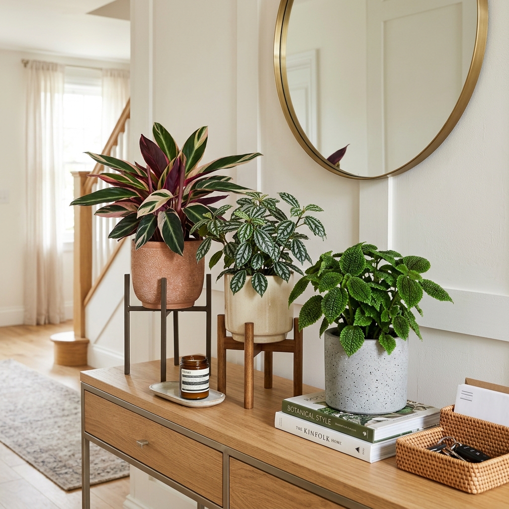 A group of colorful foliage plants arranged on an entryway console table
