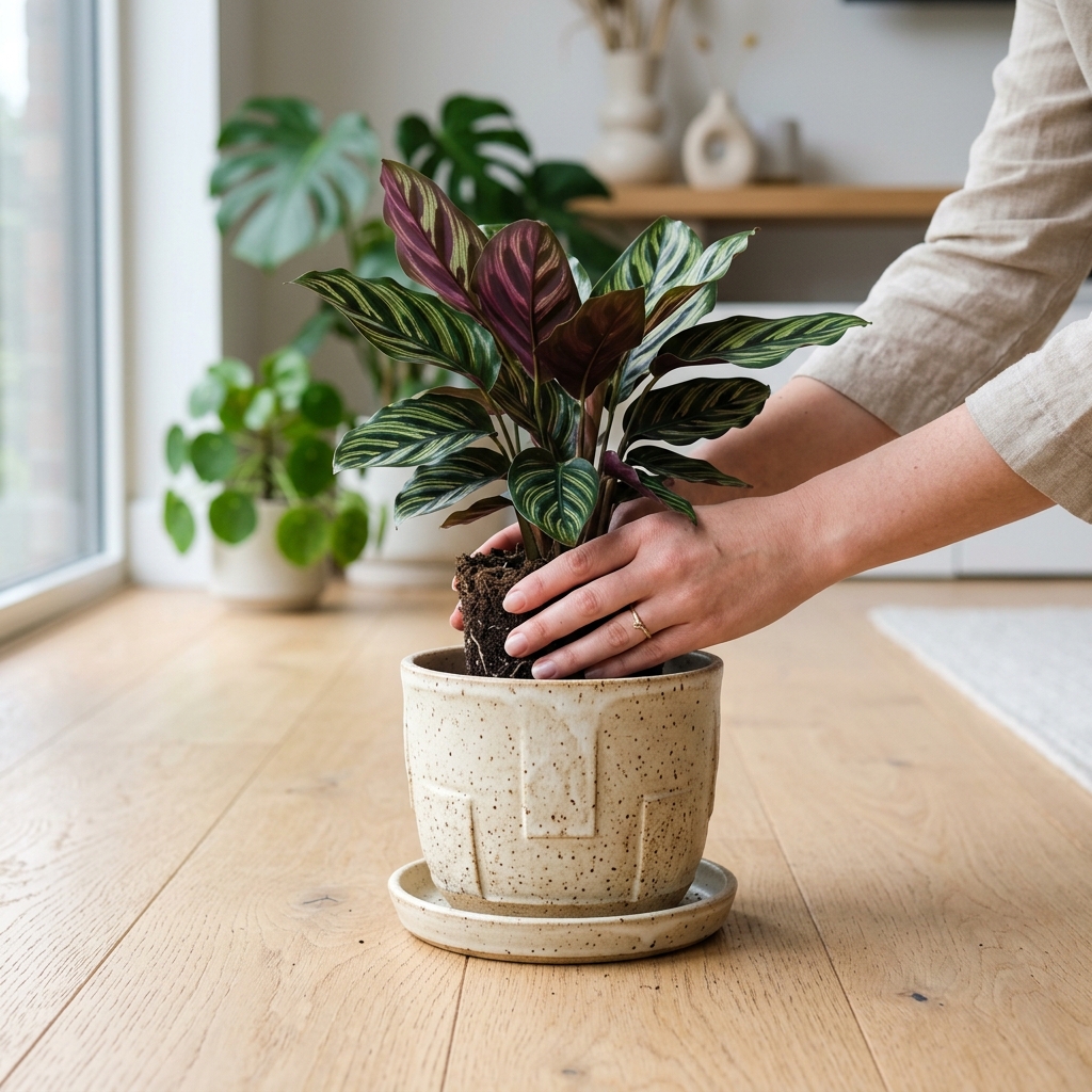 Detail shot of a colorful indoor plant being potted with a drainage saucer