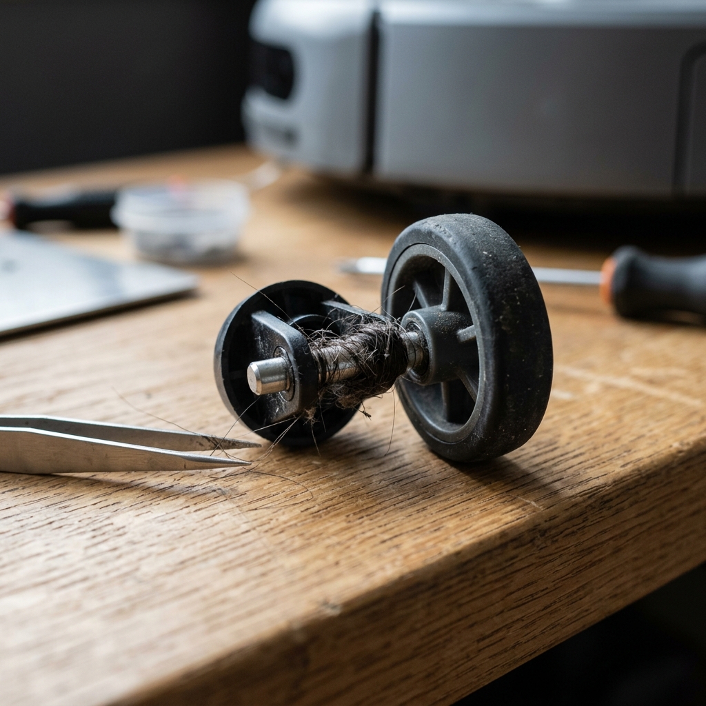 Close-up of a robot vacuum's front caster wheel with hair wrapped around the axle, ready for cleaning