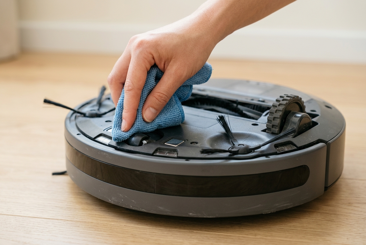 Wiping a robot vacuum's cliff sensors clean with a soft microfiber cloth