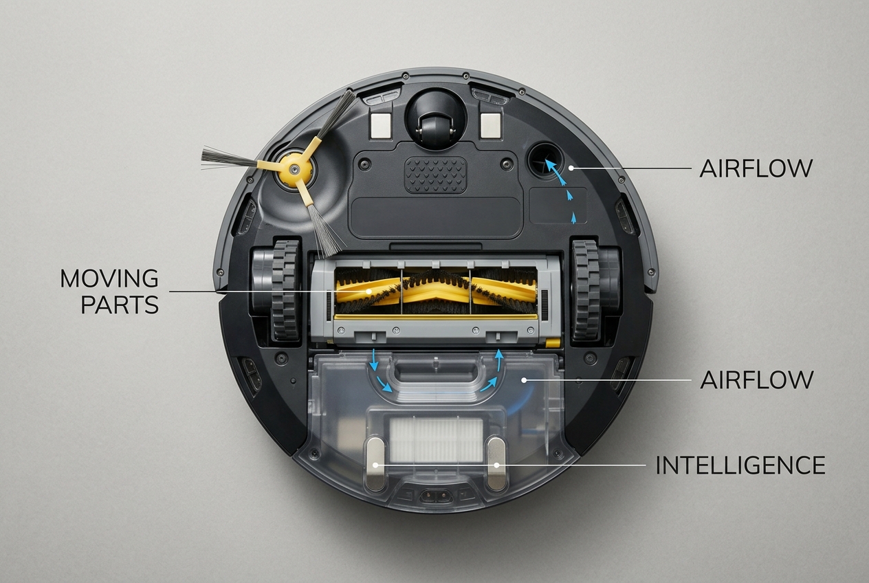 Robot vacuum maintenance zones diagram: moving parts, airflow, and sensors
