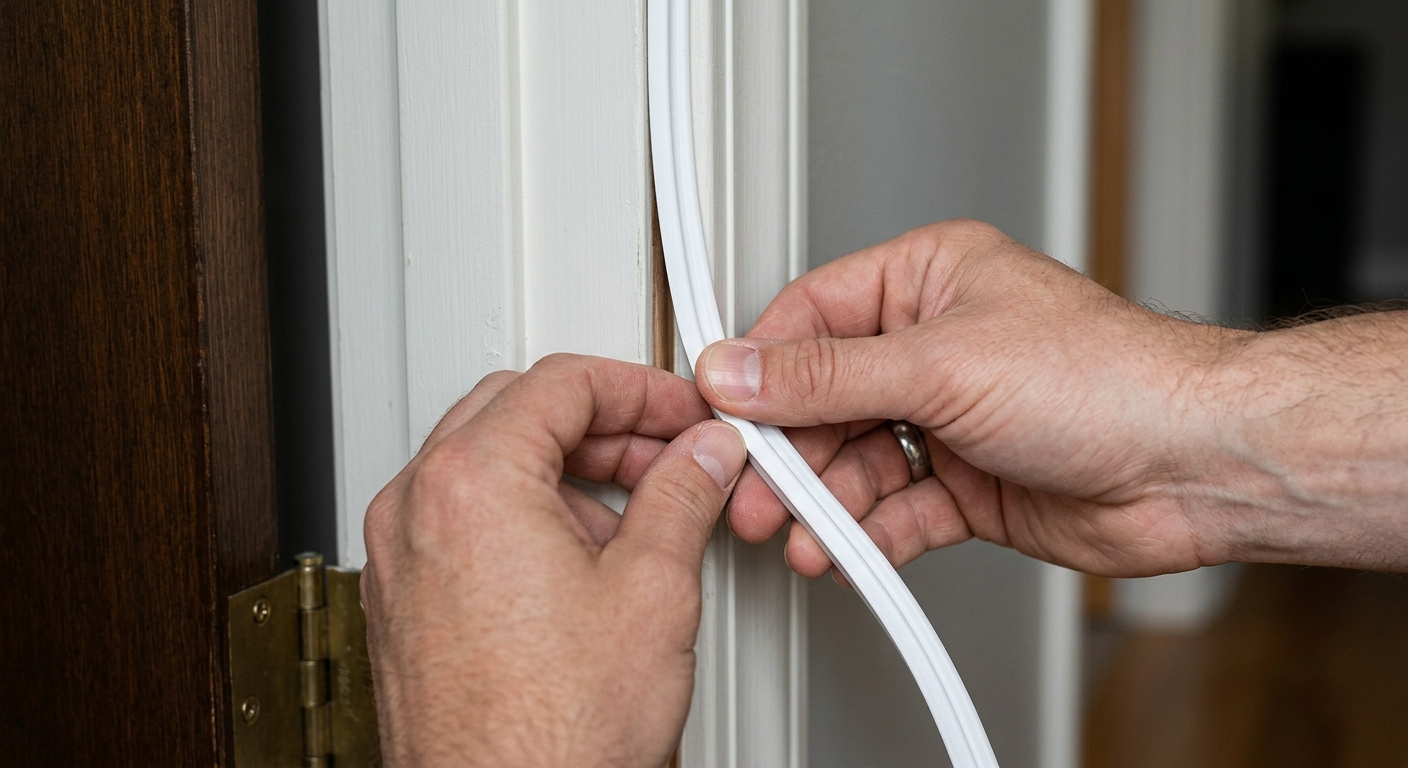 Pressing adhesive V-shape weatherstripping into a door jamb.