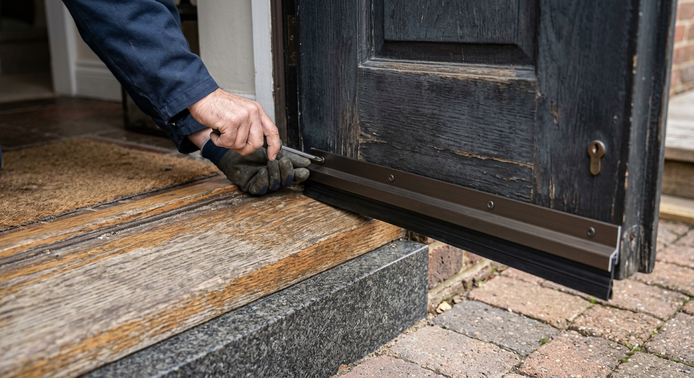 Fitting a door sweep along the bottom edge of an exterior door.
