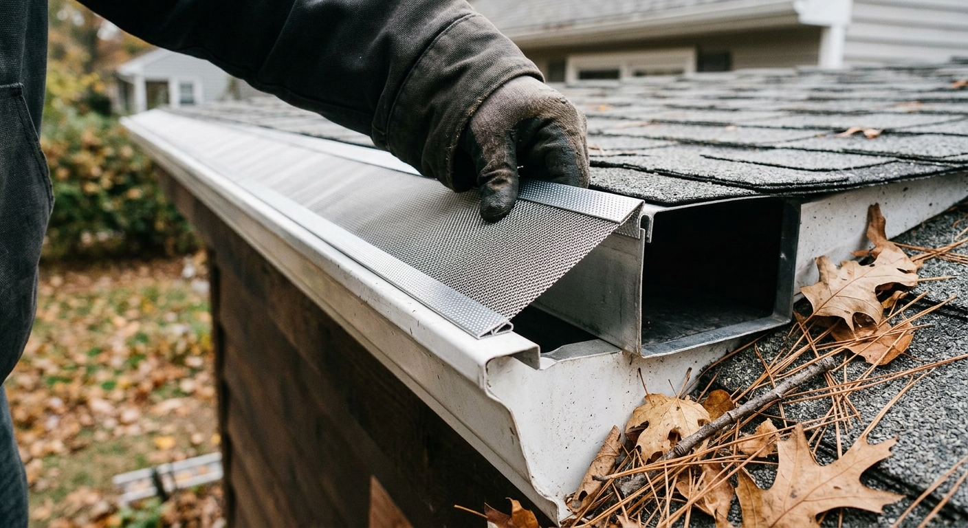 Stainless steel micro-mesh gutter guard blocking leaves and pine needles