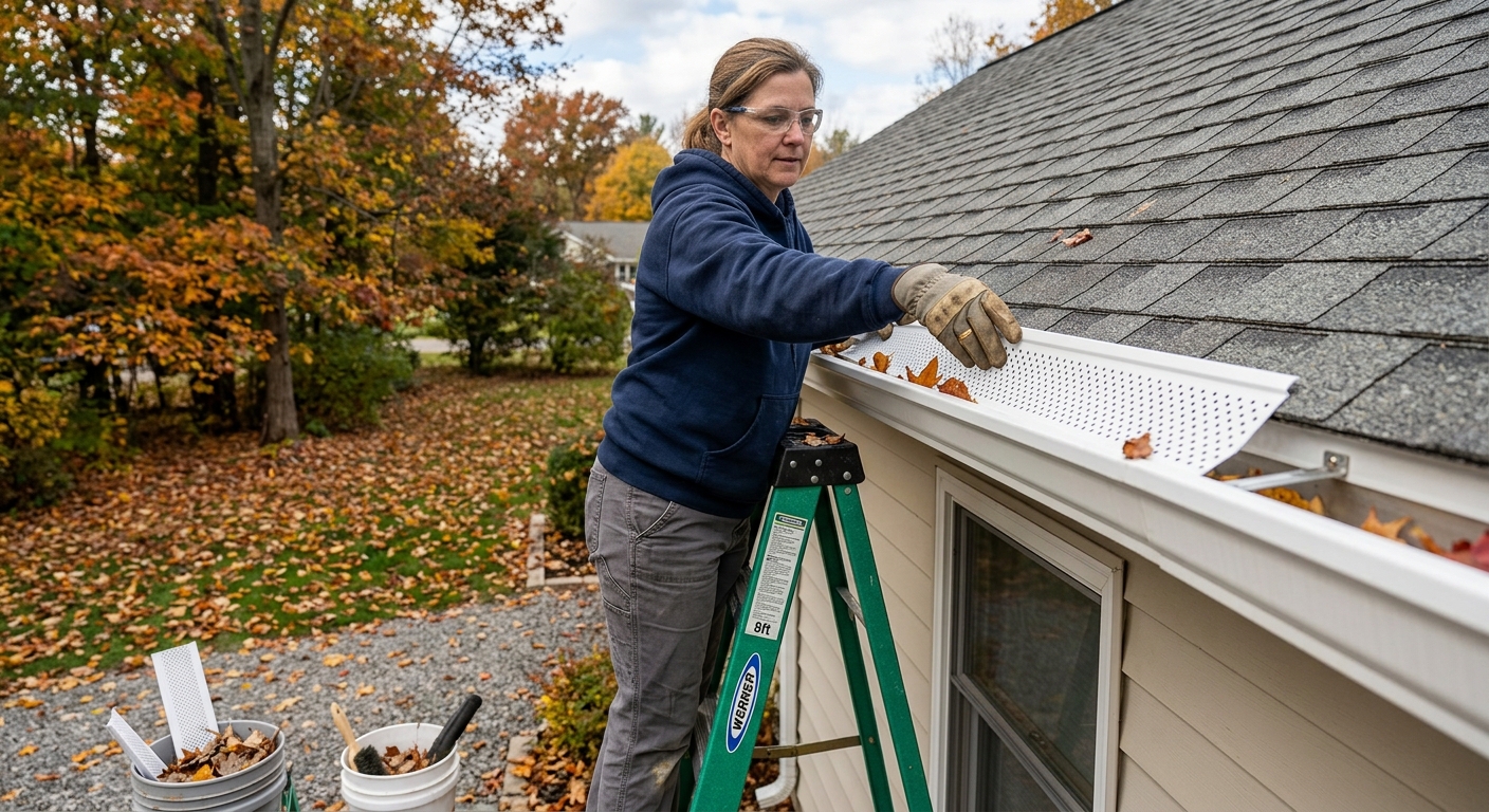 Homeowner snapping a vinyl gutter guard onto a residential gutter