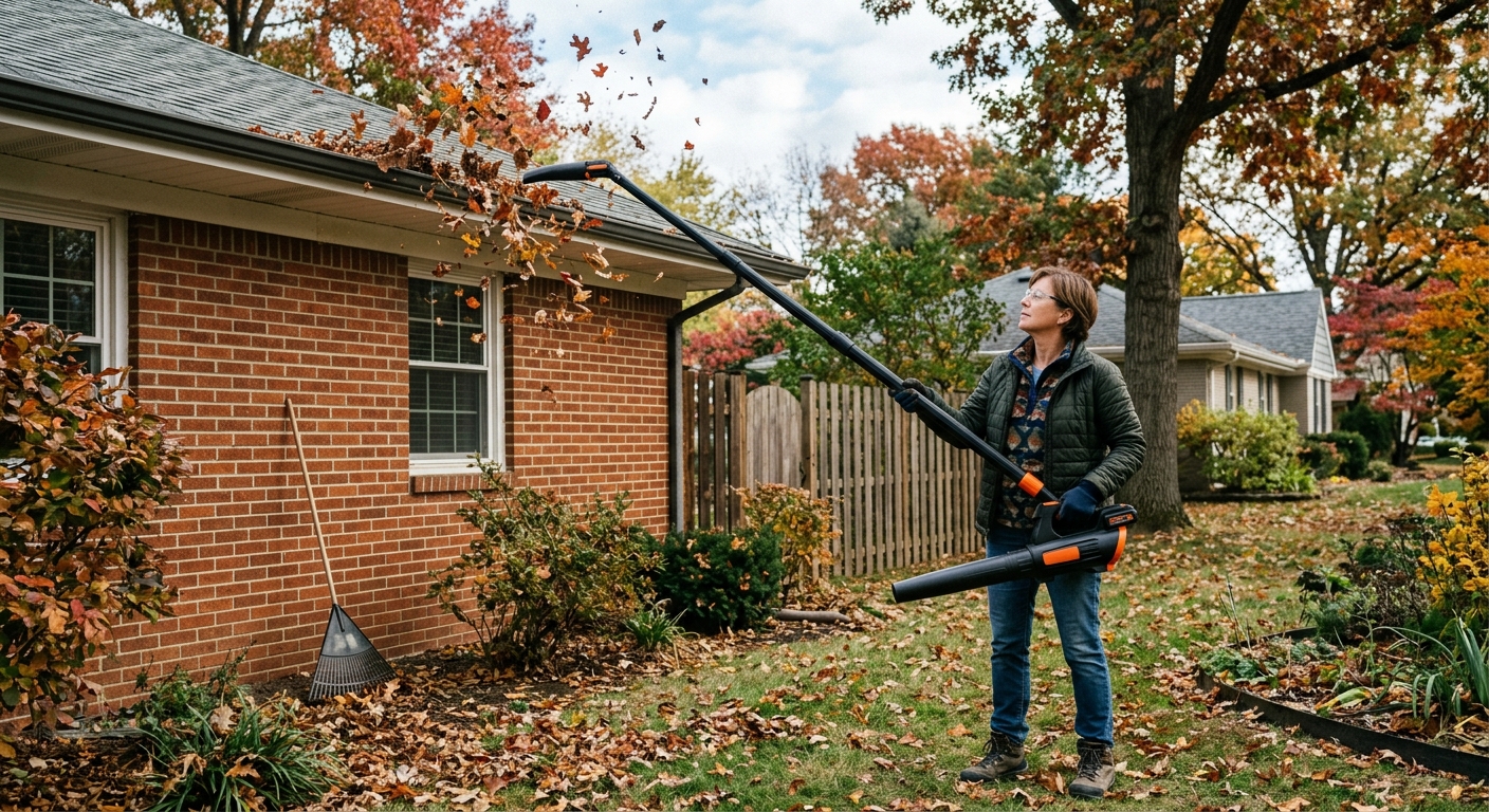A blower gutter attachment clearing dry leaves from a first-story gutter while the operator stands on the ground.