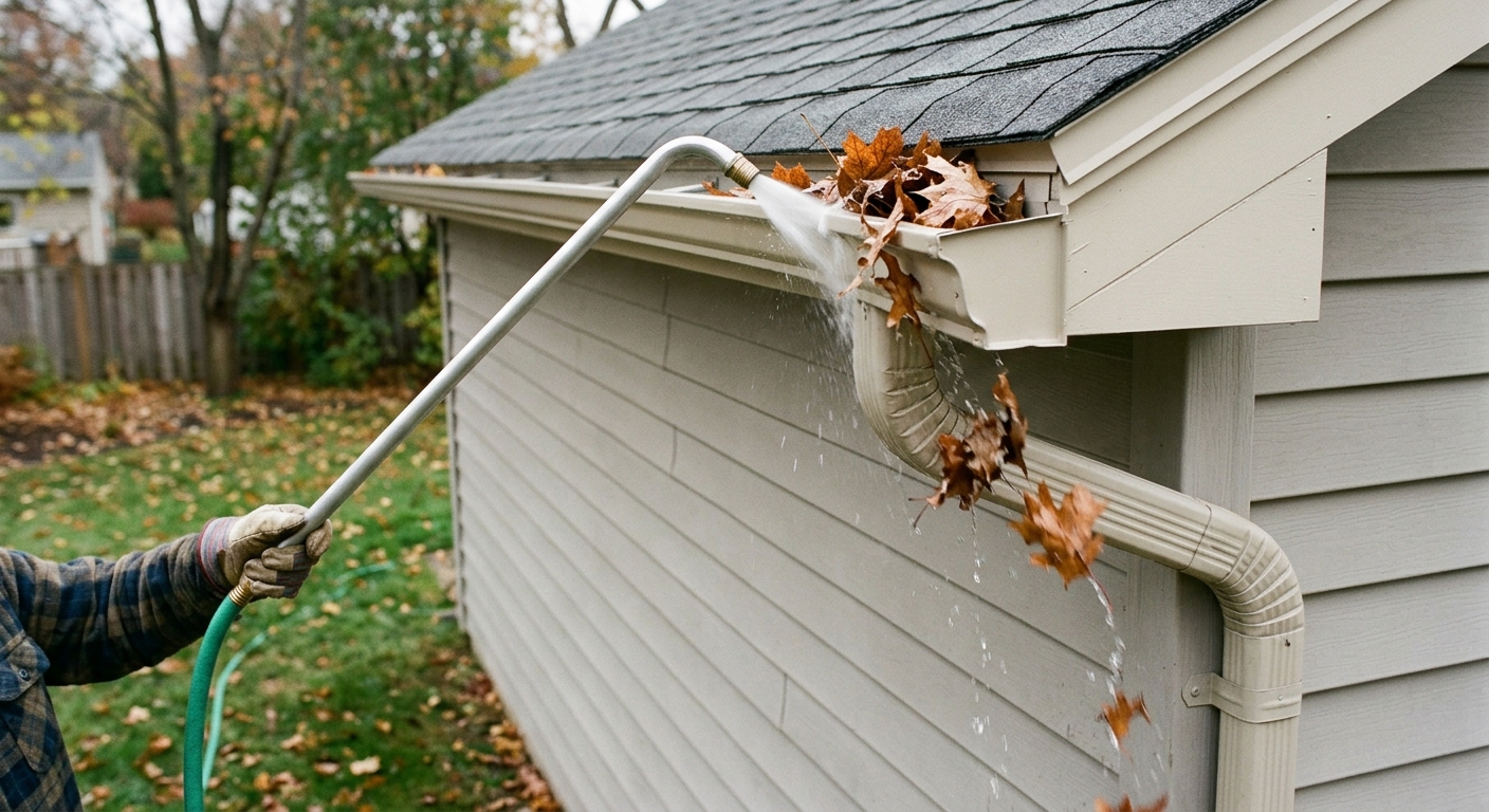 A garden hose gutter wand rinsing leaves toward a downspout from below the roof edge.