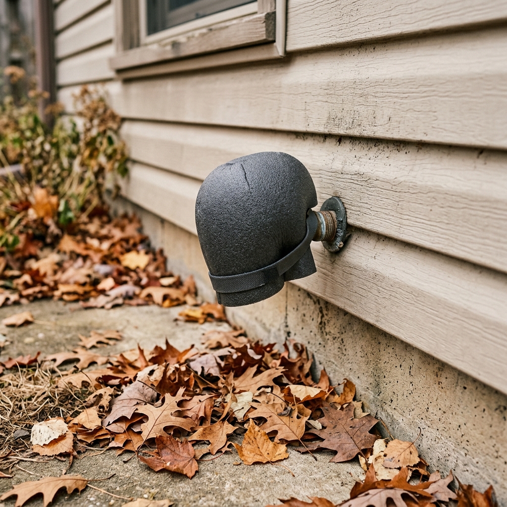 A hard foam outdoor faucet cover installed over a standard hose bib.