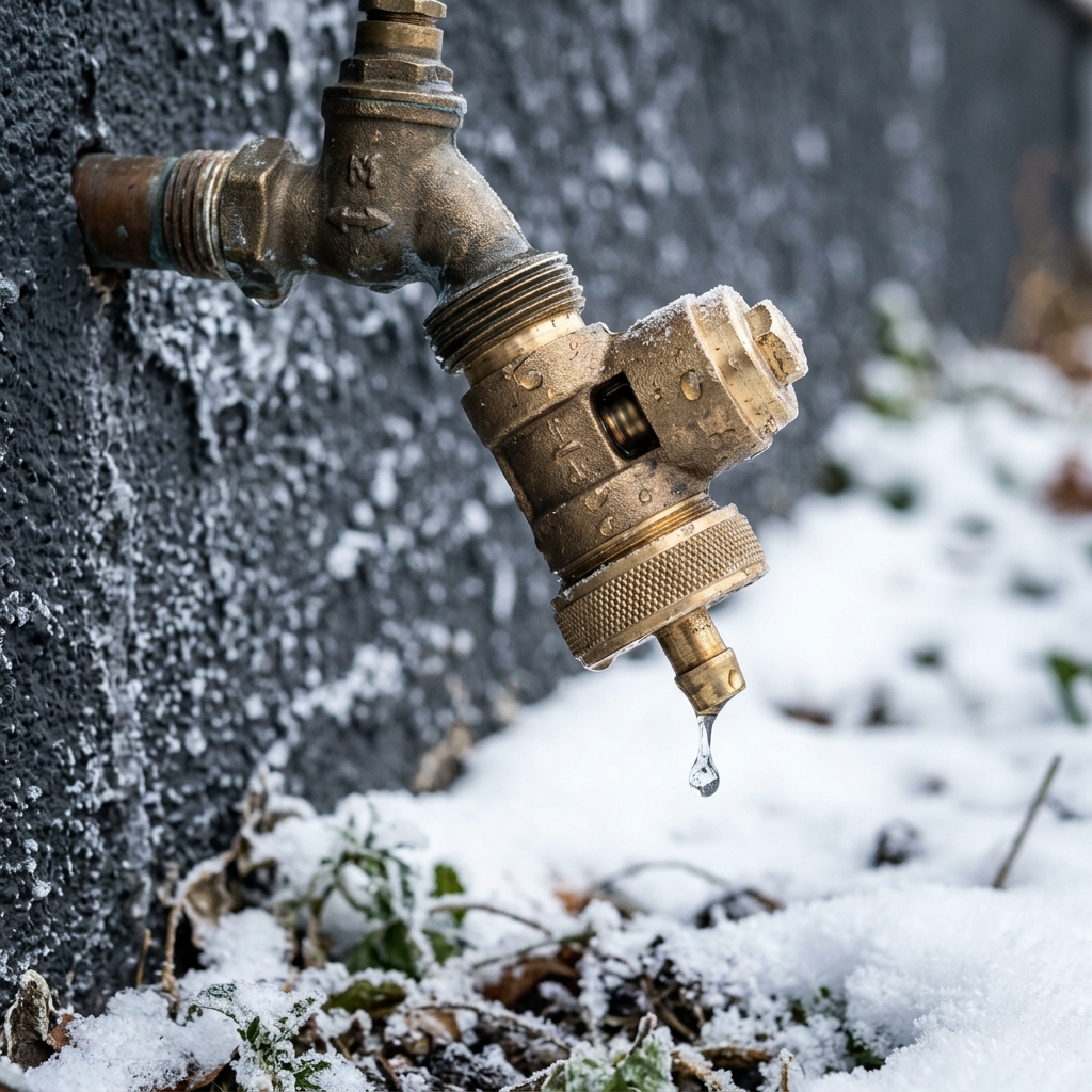 A temperature-activated outdoor faucet freeze-protection valve attached to a hose bib.