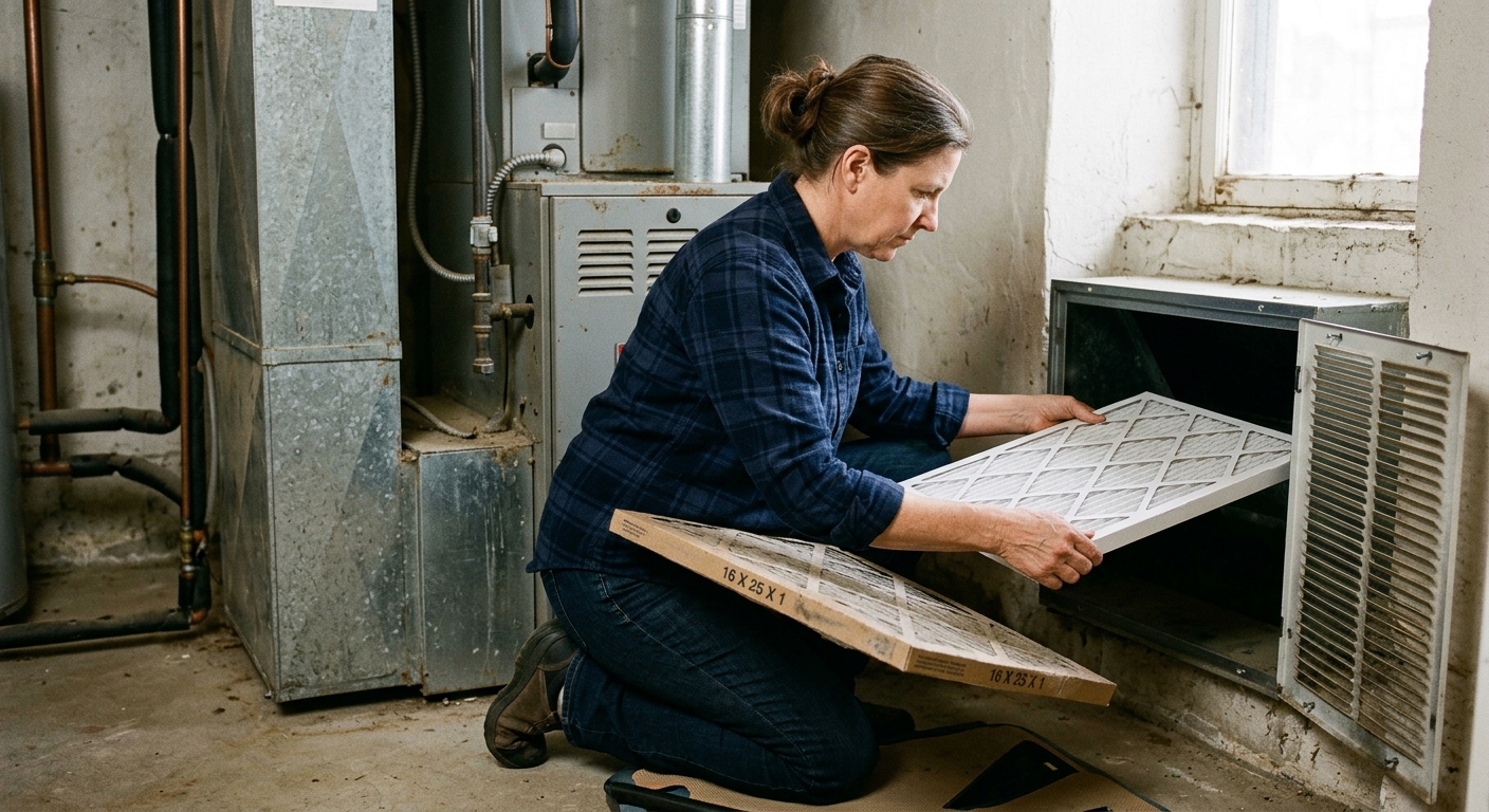 A homeowner checks the size on an old furnace filter before buying a replacement.