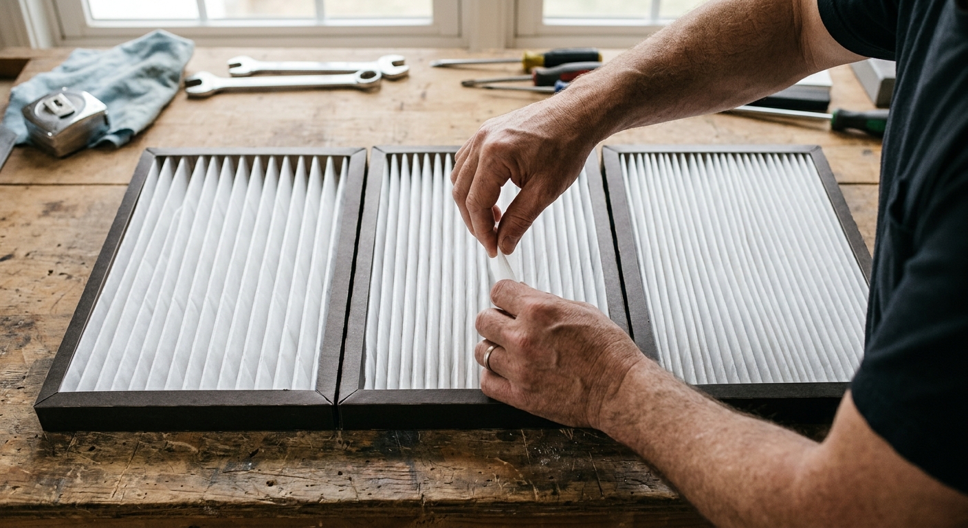 A homeowner compares pleated furnace filters with different filtration levels.