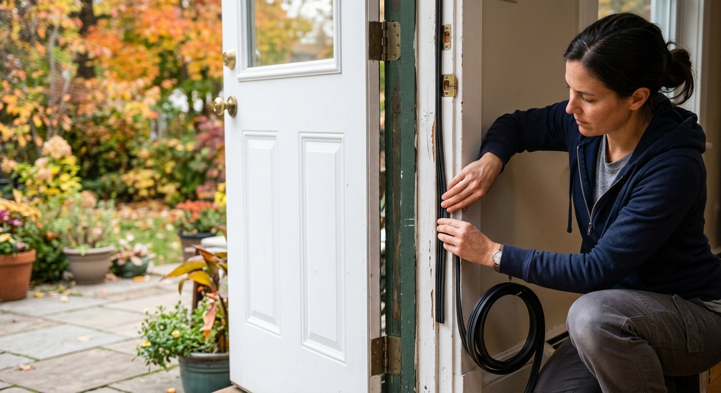 A homeowner presses a silicone kerf seal evenly into a clean exterior-door jamb.