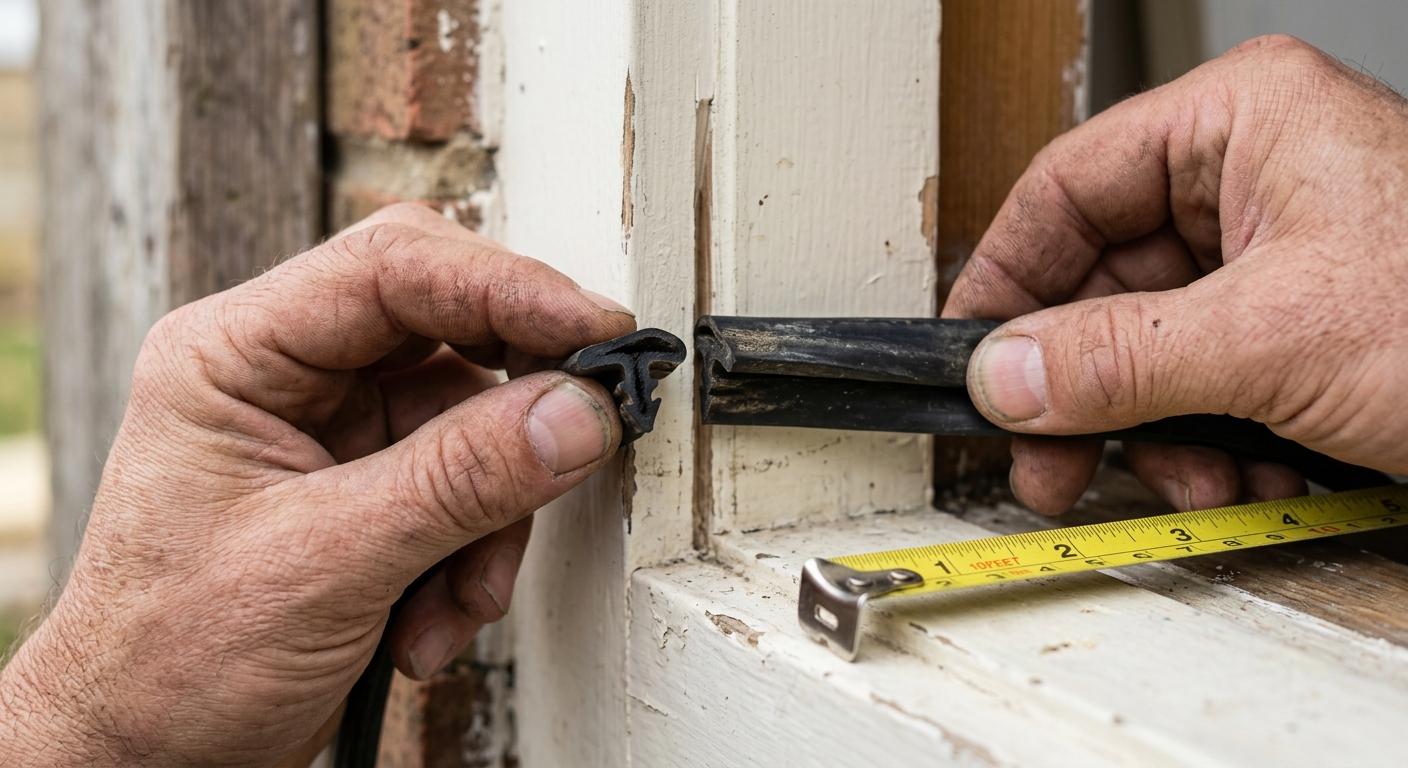 A close view of a homeowner comparing a door-jamb weatherstrip profile before replacement.