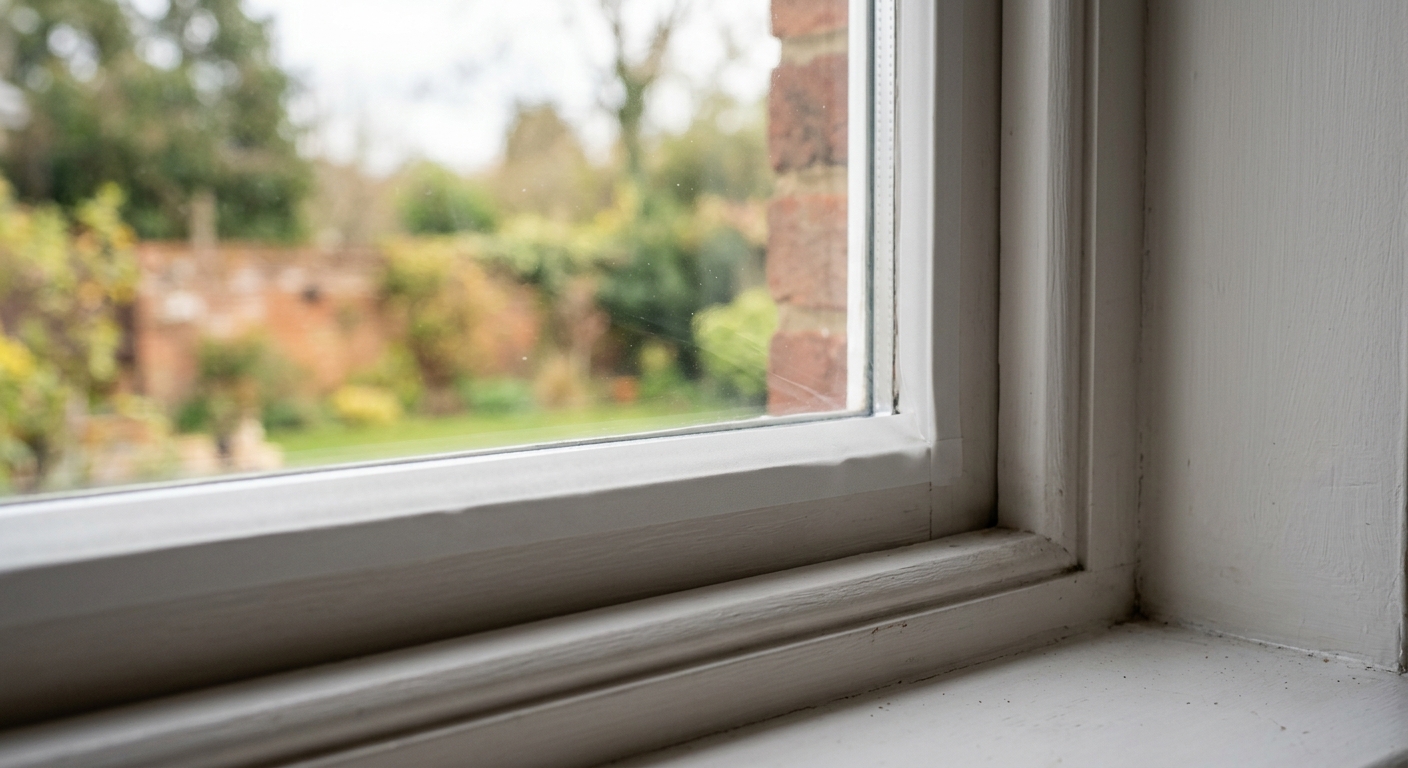 A clean, clear shrink-film window treatment in a bright lived-in room.