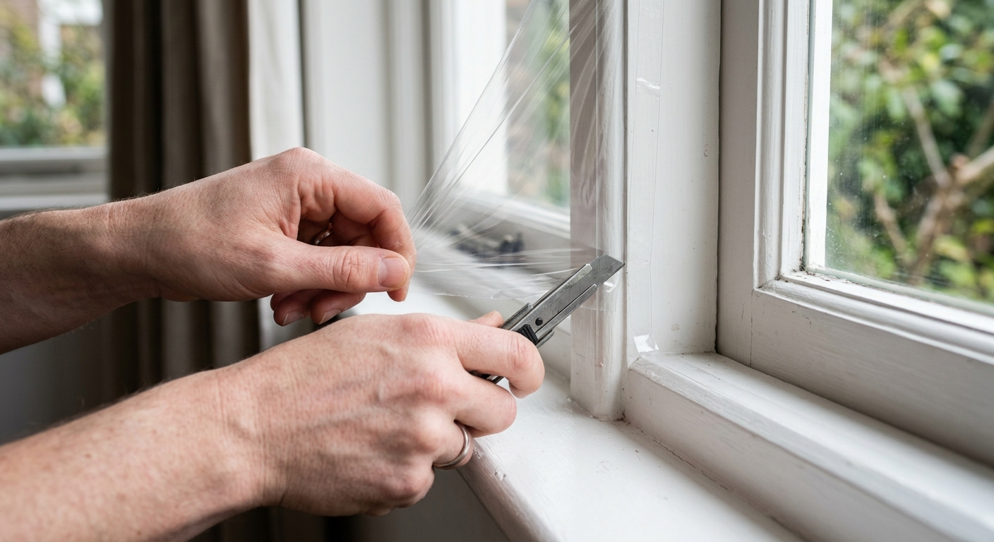 Hands trimming clear shrink film around a painted interior window frame.