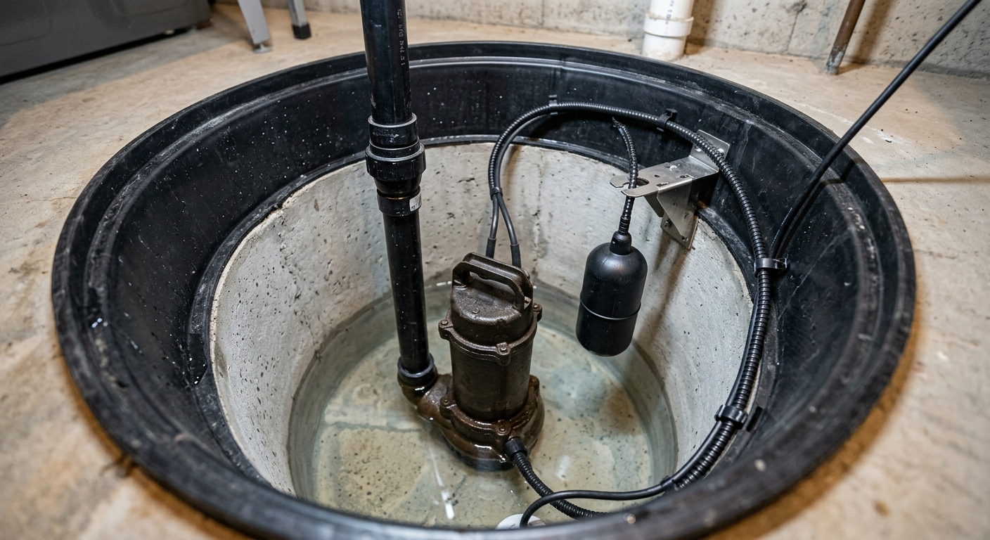 A tidy sump basin with a tethered high-water float positioned clear of the pump and discharge pipe; no logos or text.