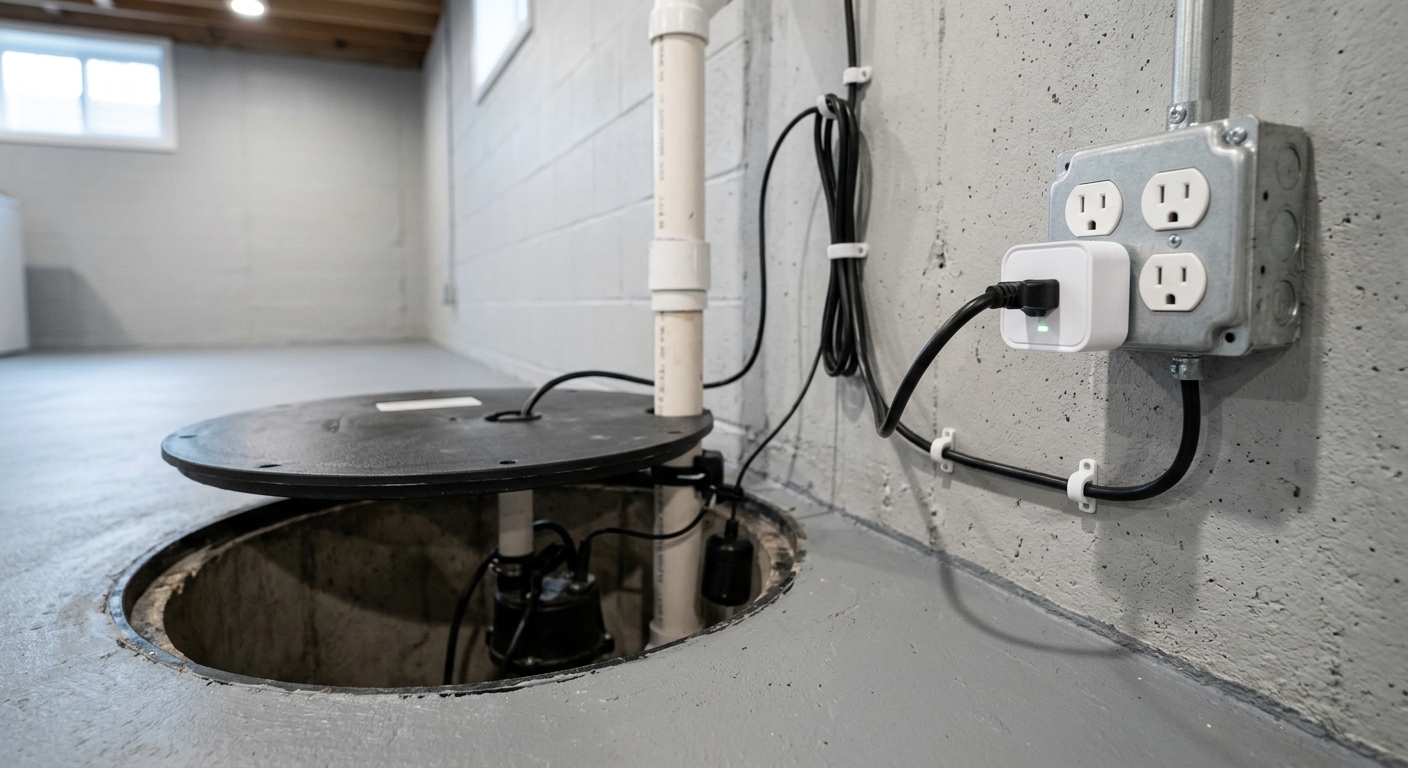 A clean basement sump pit with a connected smart outlet and a neatly mounted water-level sensor; no logos or text.