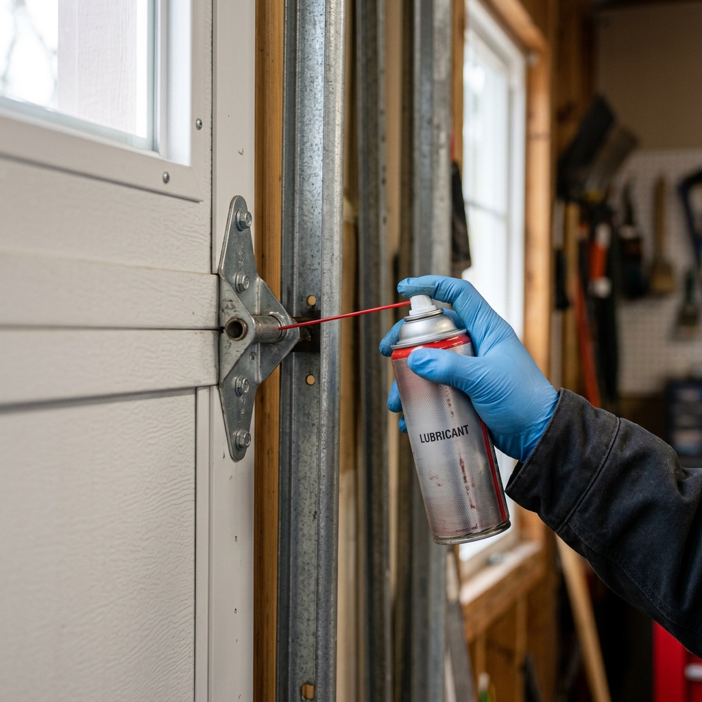 A gloved hand applying a precise light spray to a garage door hinge pivot.