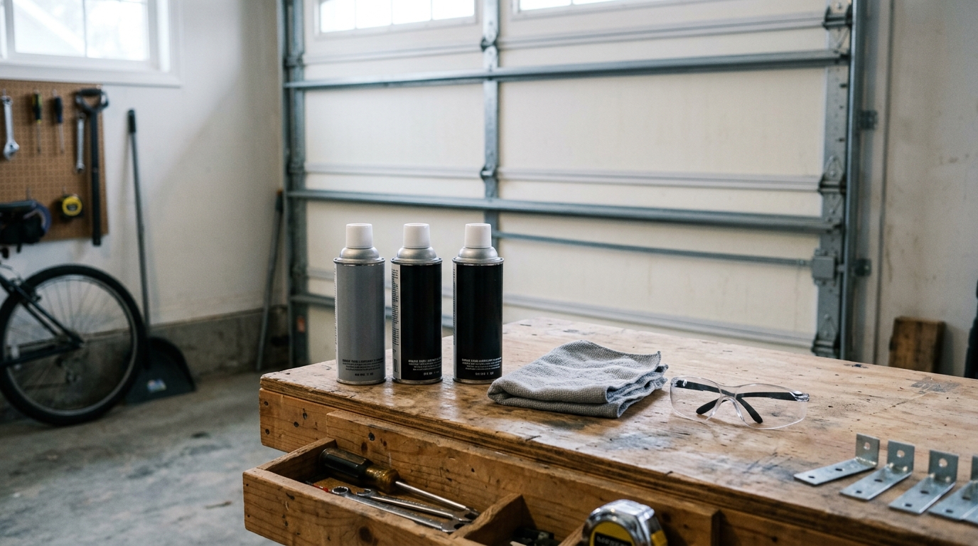 Three unbranded garage door lubricant cans and clean maintenance tools on a workbench.