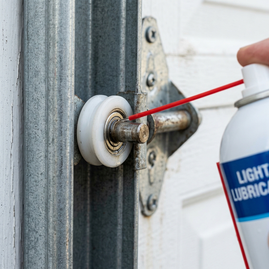 A careful light application of lubricant to the metal bearing area of a garage door roller.